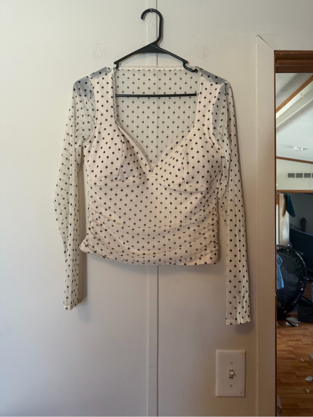 Abercrombie & Fitch Zoe Bra Free Long Sleeve Mesh Top Cream & Black Polka Dots